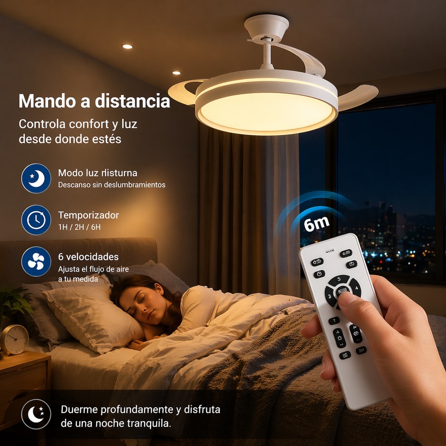 Mando a distancia con modos de luz, temporizador y 6 velocidades